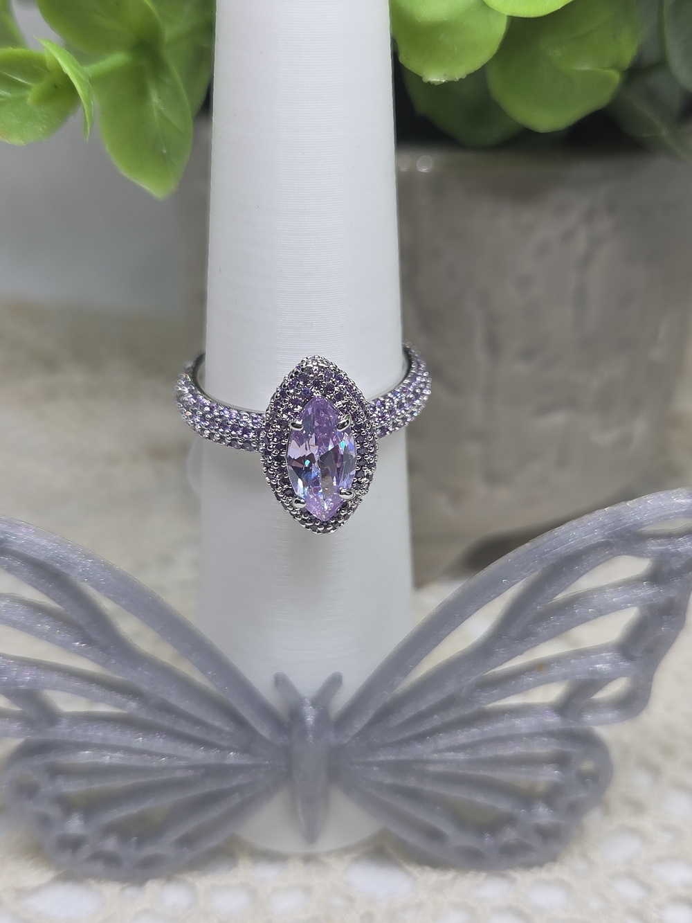 BP Lavender Topaz CZ Marquise Halo Ring On Rhodium Plating
